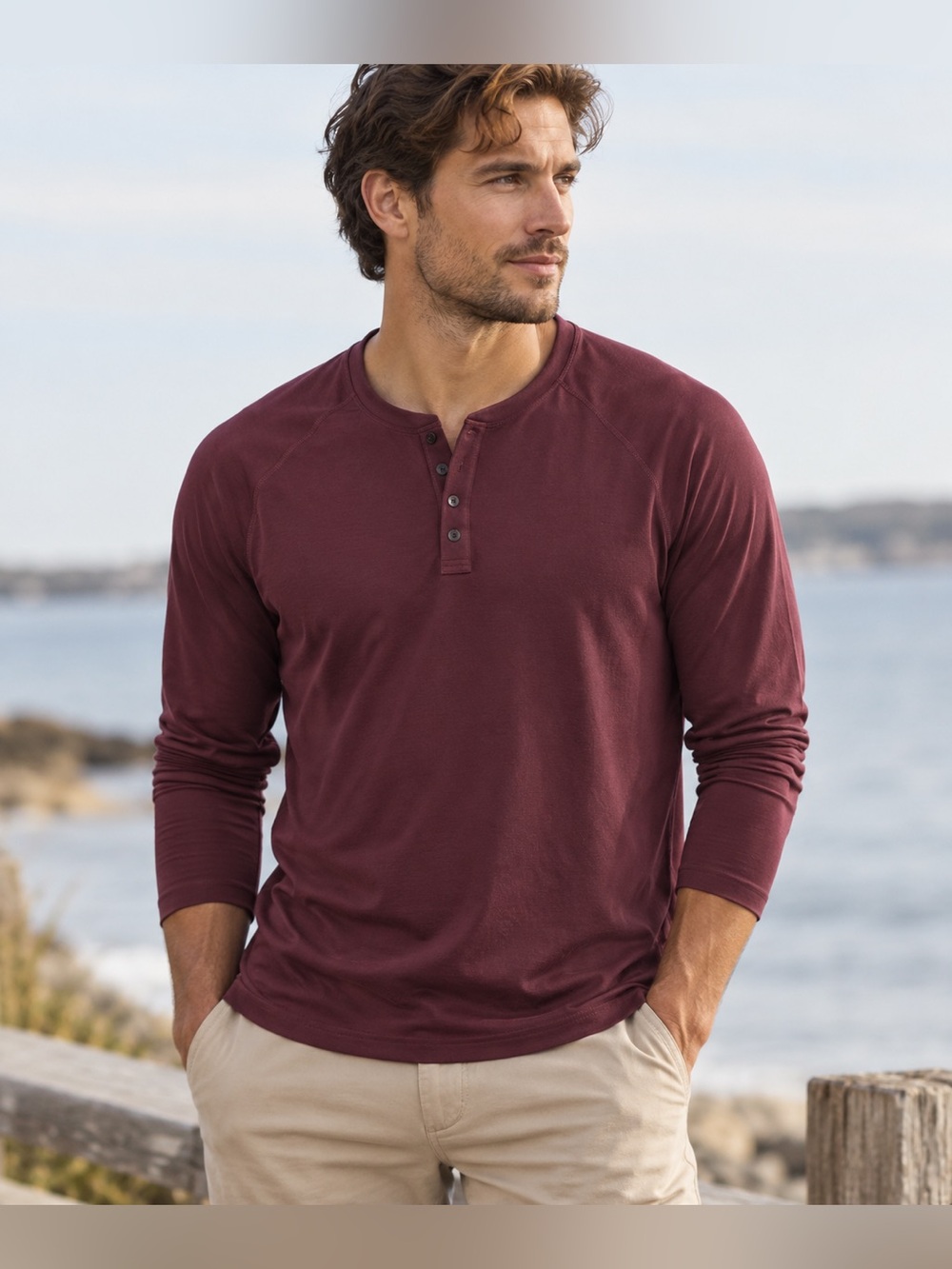 lululemon athletica Men's Long-Sleeve Henley - Burgundy- Medium